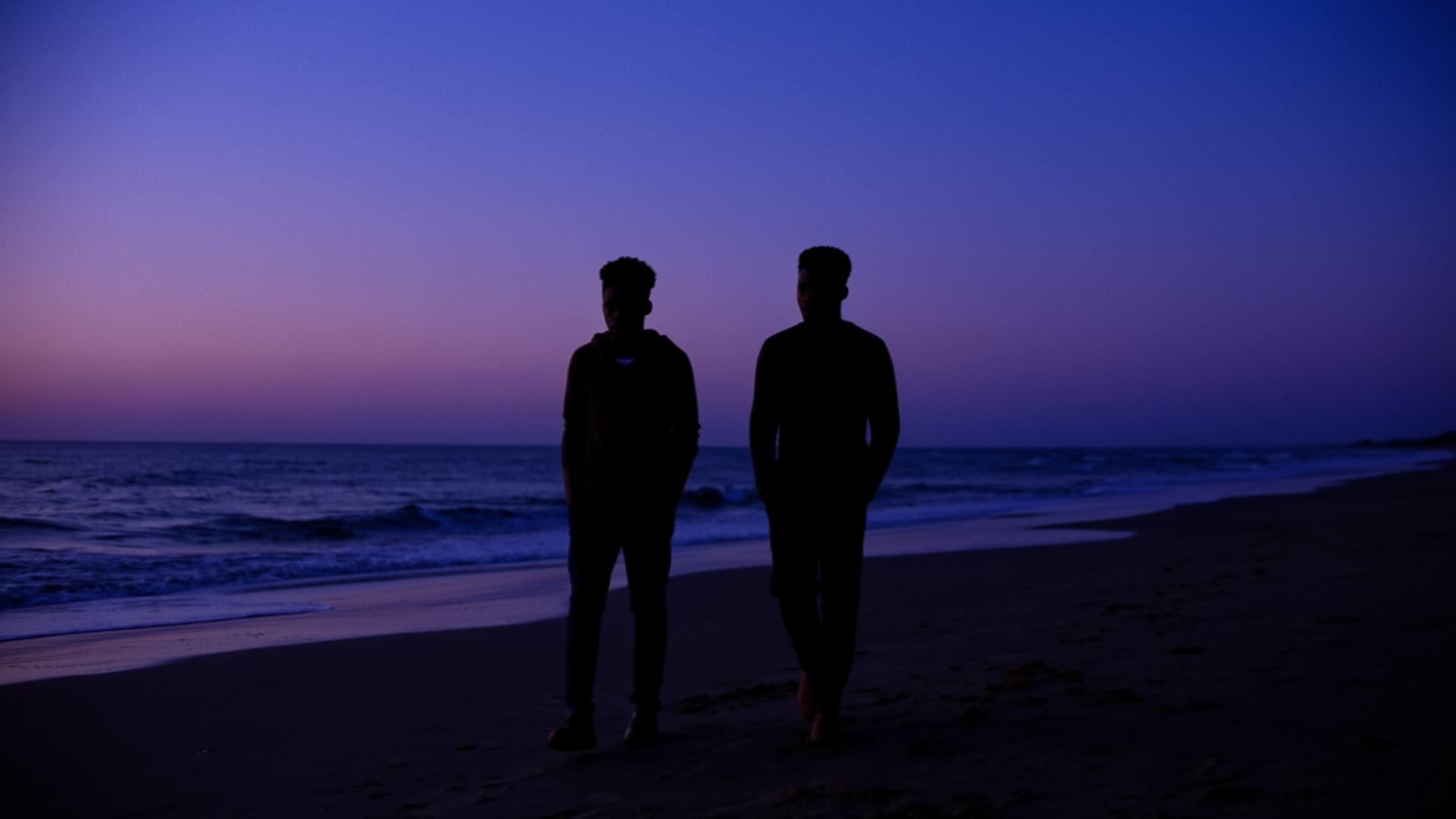Two brothers walking along a twilight shoreline